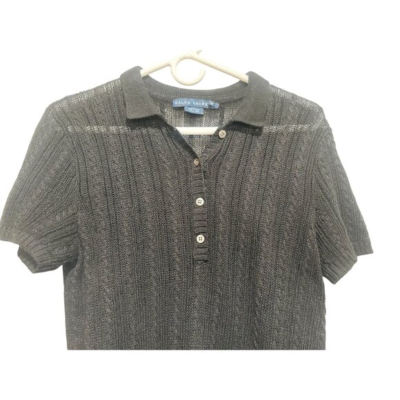 Vintage Ralph Lauren Blue Label Linen Cable Knit Polo Shirt M Black Collar Prepp - Picture 6 of 11